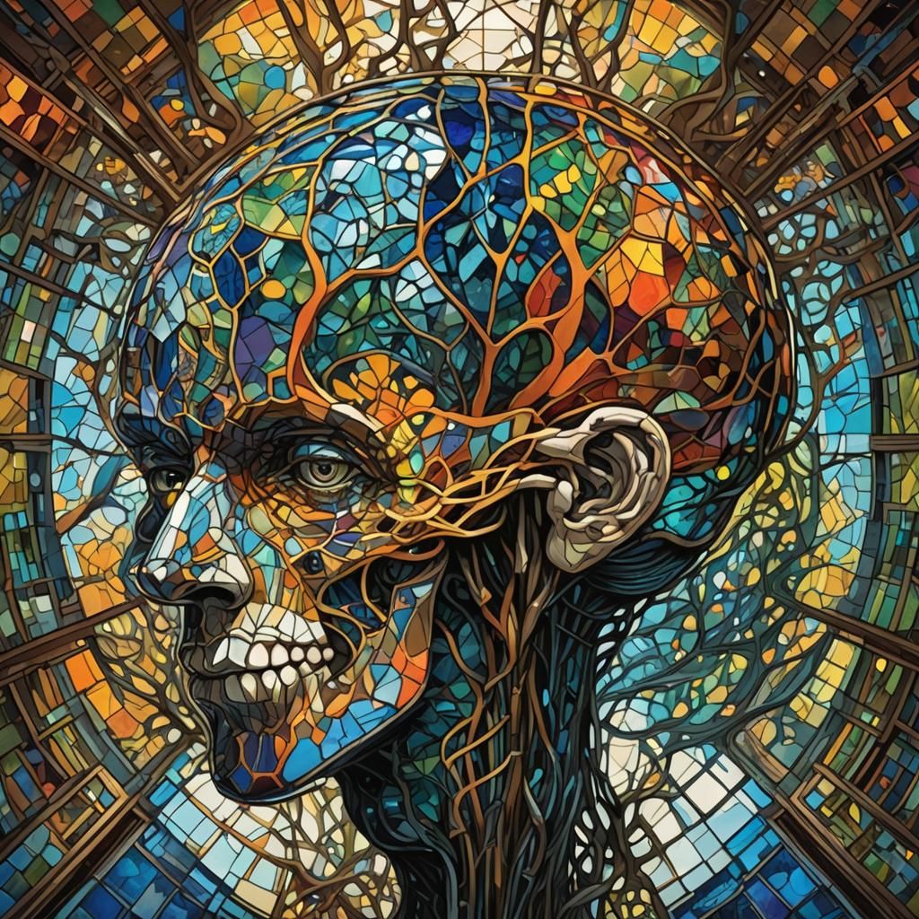 Surreal Brain Mosaic in Mirrored Stained Glass