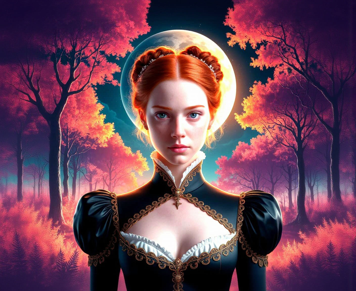 Redhead in Victorian Dress in Moonlit Forest