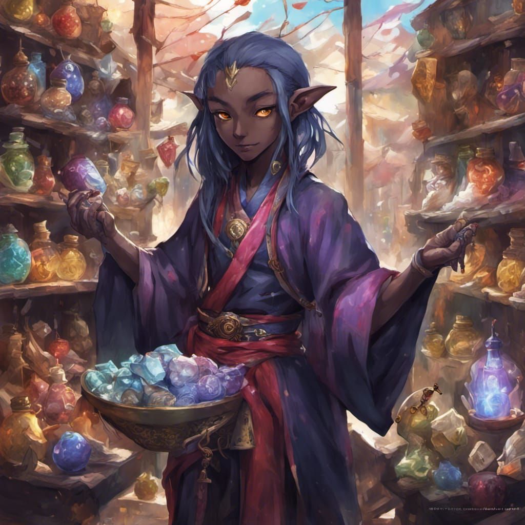 Dark Elf Merchant Selling Magical Items in Anime Style