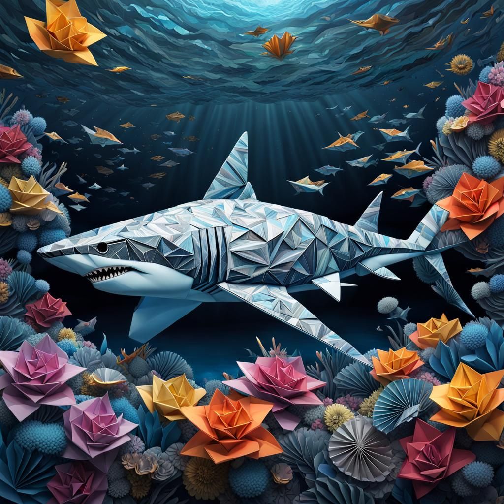 Cyberpunk Origami Shark Digital Illustration