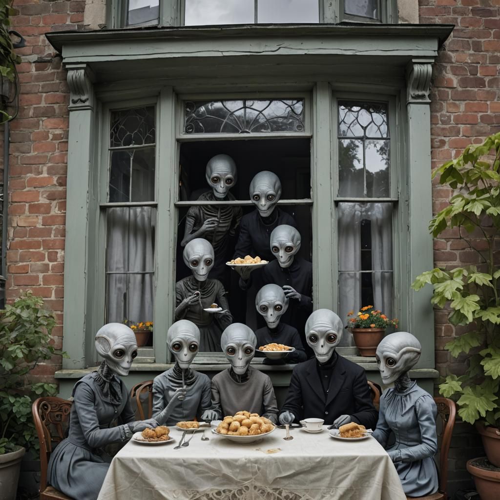 Grey Alien Peeks at Family in Victorian Home