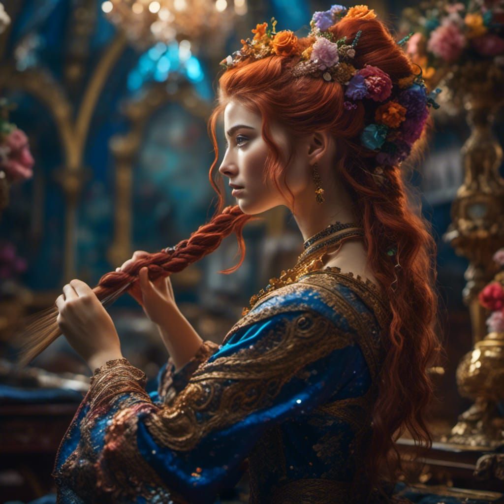 Woman Brushing Hair in Detailed Matte Painting