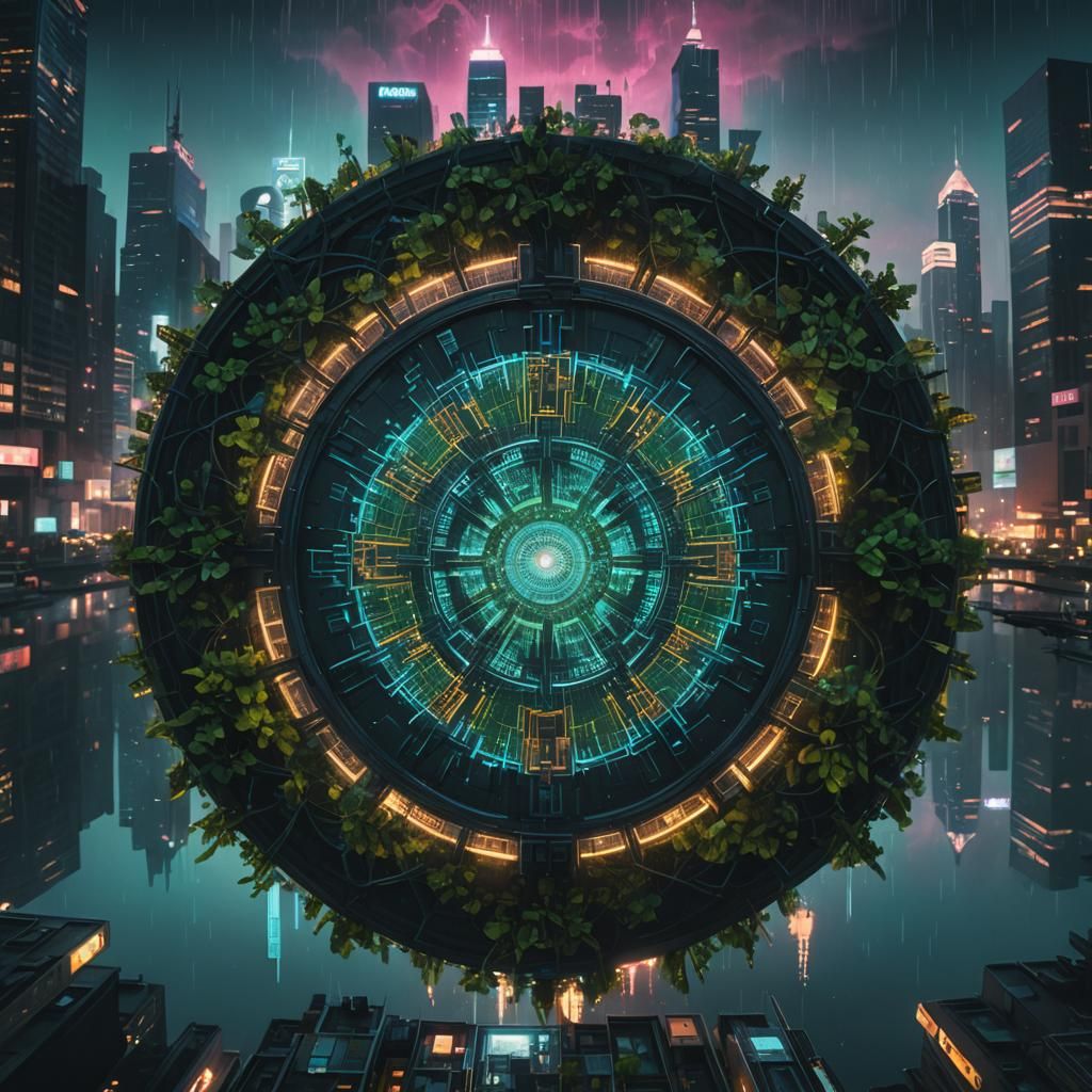 Cyberpunk Cityscape with Bioluminescent Mandala Tree