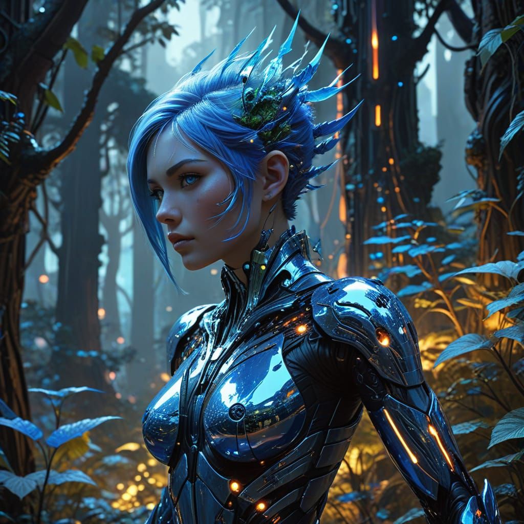 Chrome Dryad in Bioluminescent Cyberpunk Forest