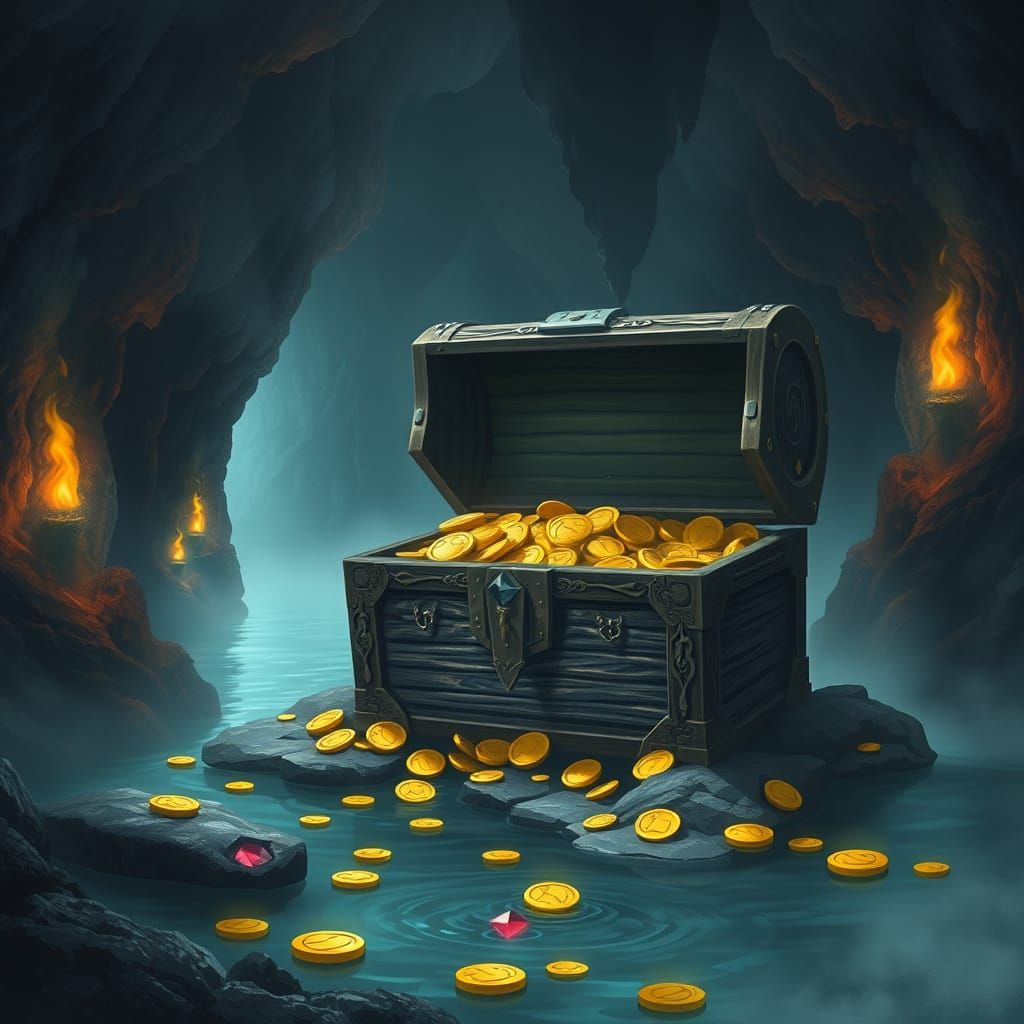Treasure Chest Overflowing in Misty Cave with Lake and Torch...