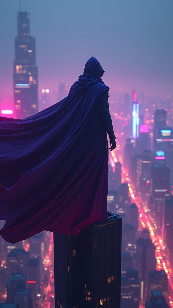 Mysterious Figure Overlooking Futuristic Neon City at Night