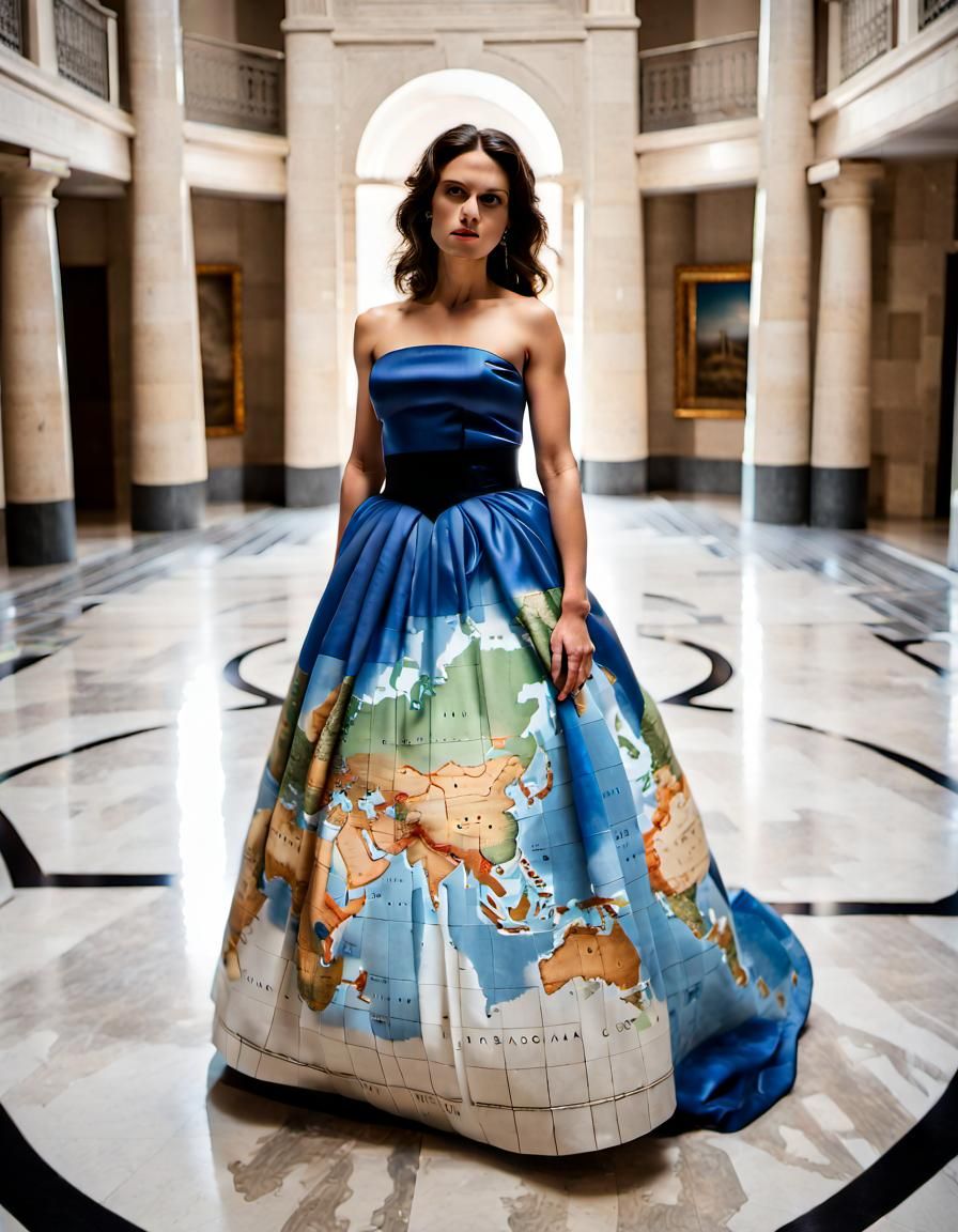 Greek Woman in World Map Gown, Museum Setting