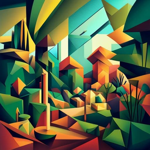 Cubist Forest Scene with Animals in Geometric Style