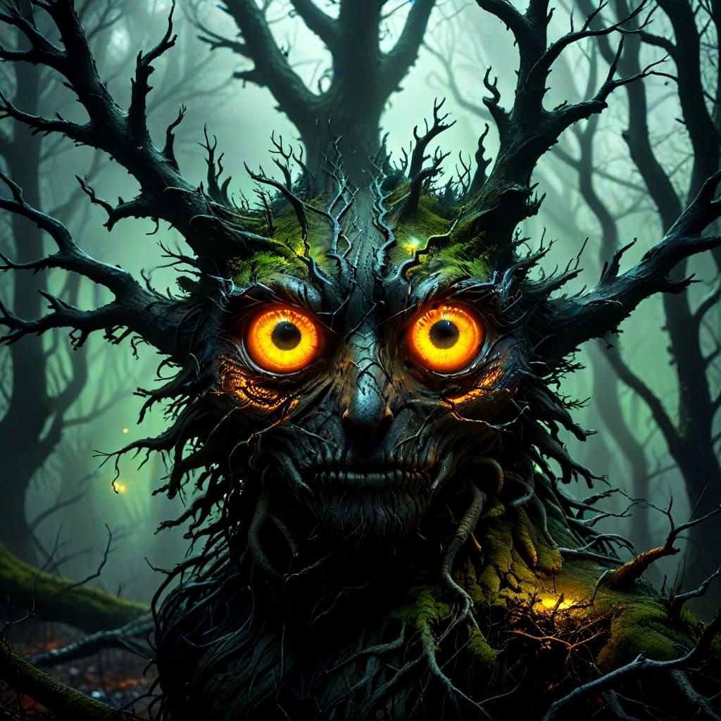 Neon Eyes Gleam in a Gnarled Black Forest