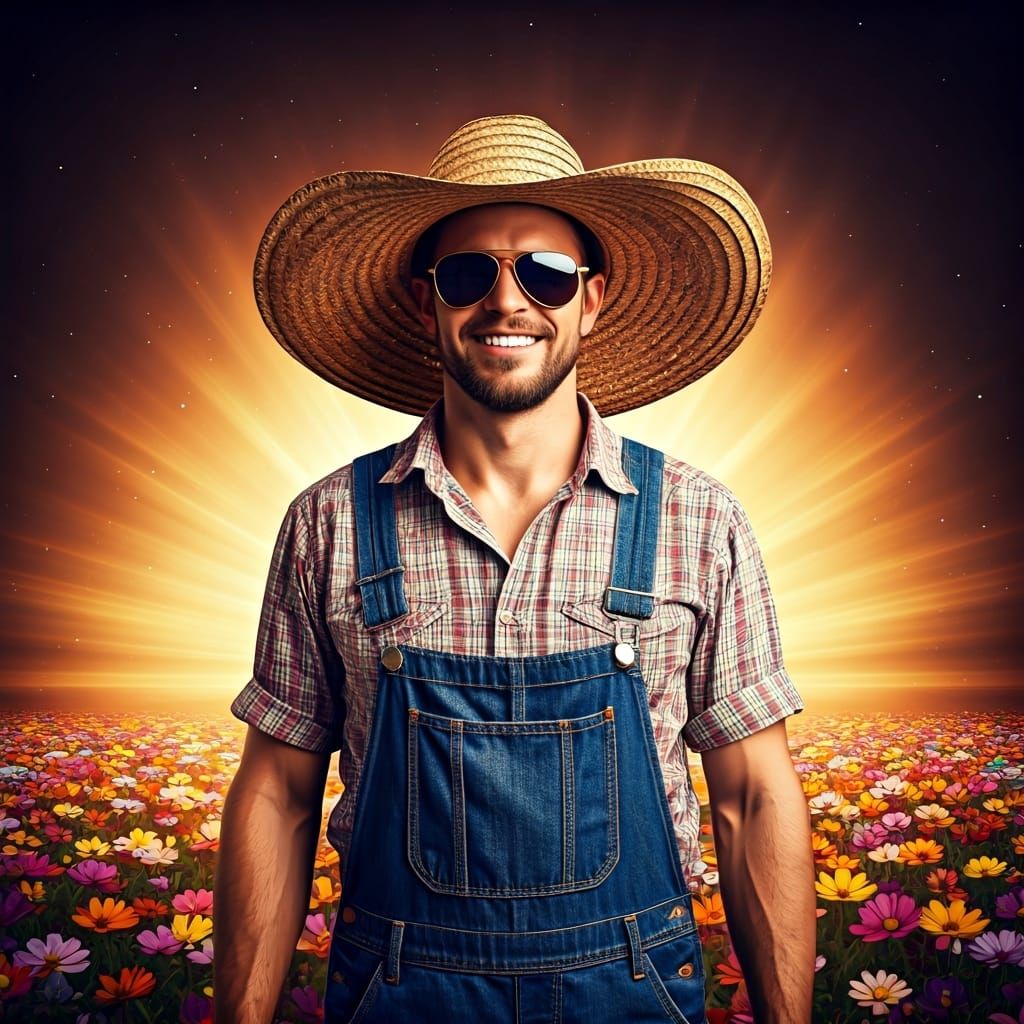 Happy Farmer in Flower Field with Nebula Sky