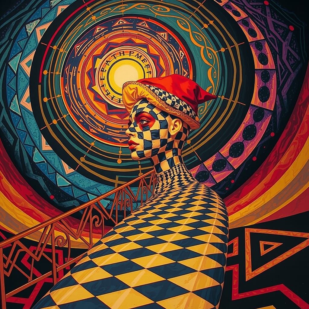 Harlequin Figure in Hypnotic Geometric Maze