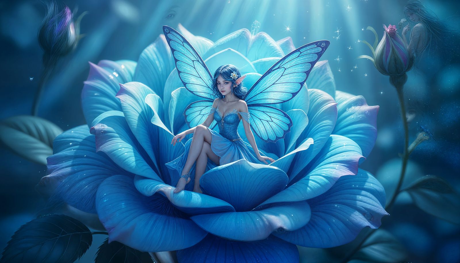 Blue Fairy Seated in Blue Rose: Detailed Concept Art