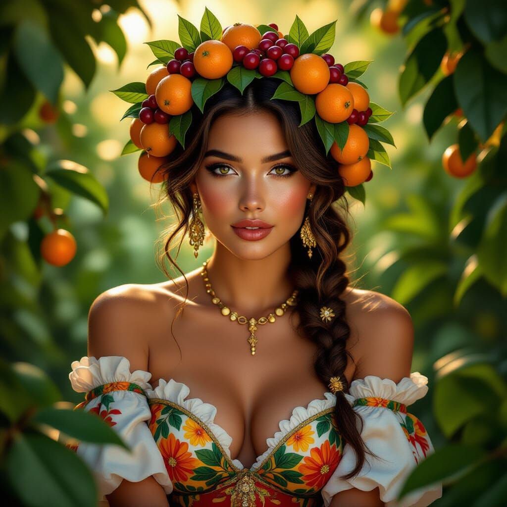 Aurelie Portrait with Fruit Outfit in Matte Painting Style