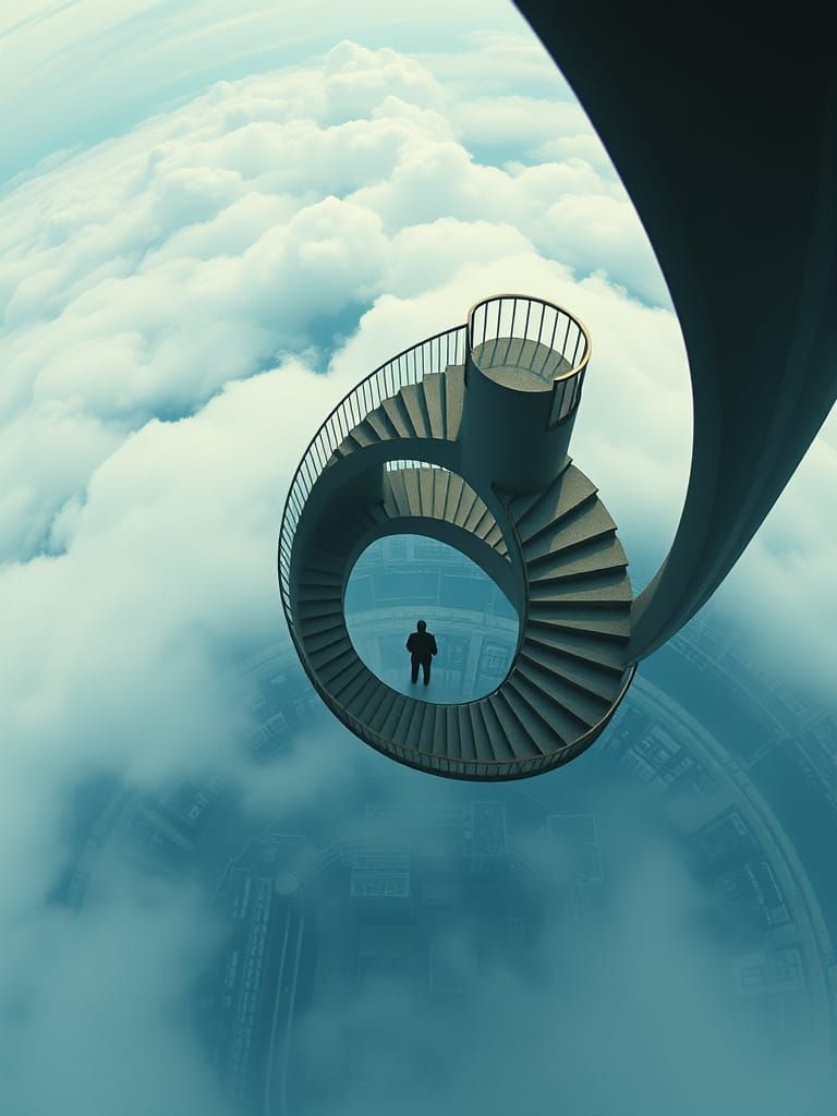 Surreal Figure on Floating Escher Staircase