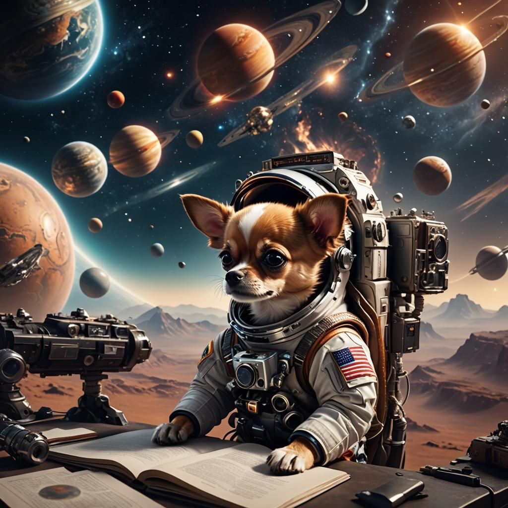 Astronaut Chihuahua Observes Distant Planets