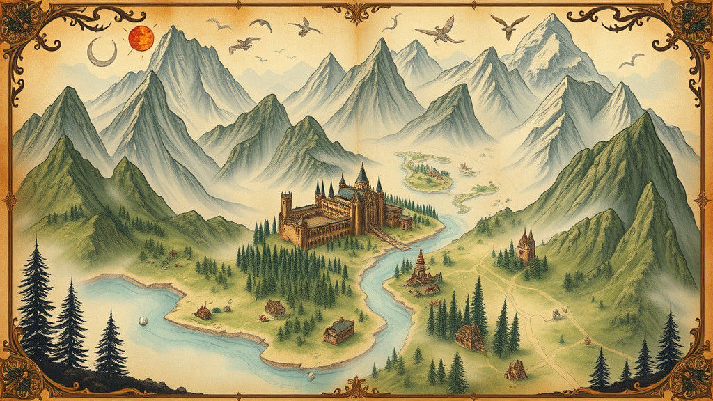 Mystical Realm Map in Whimsical Watercolour Style