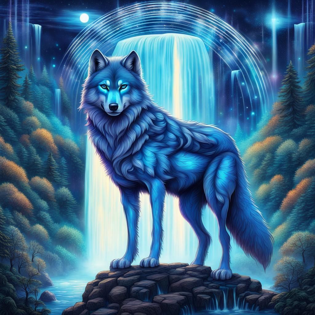 Glowing Blue Magic Wolf with Astral Waterfall
