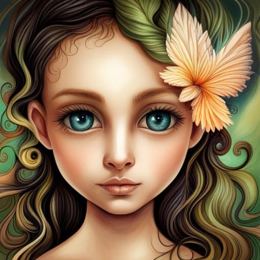 Adorable Pixie Portrait in Fractal Watercolor Style