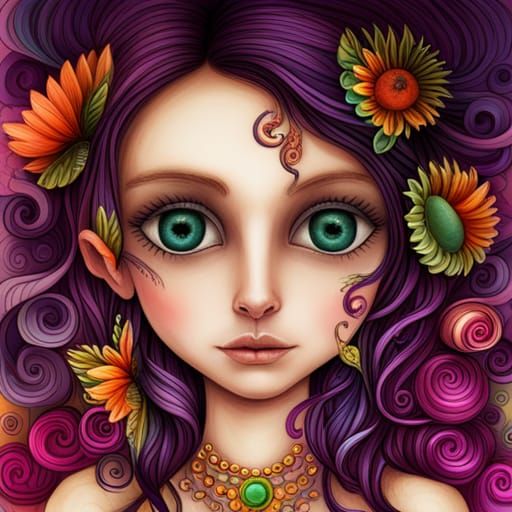 Adorable Pixie Portrait in Fractal Watercolor Style