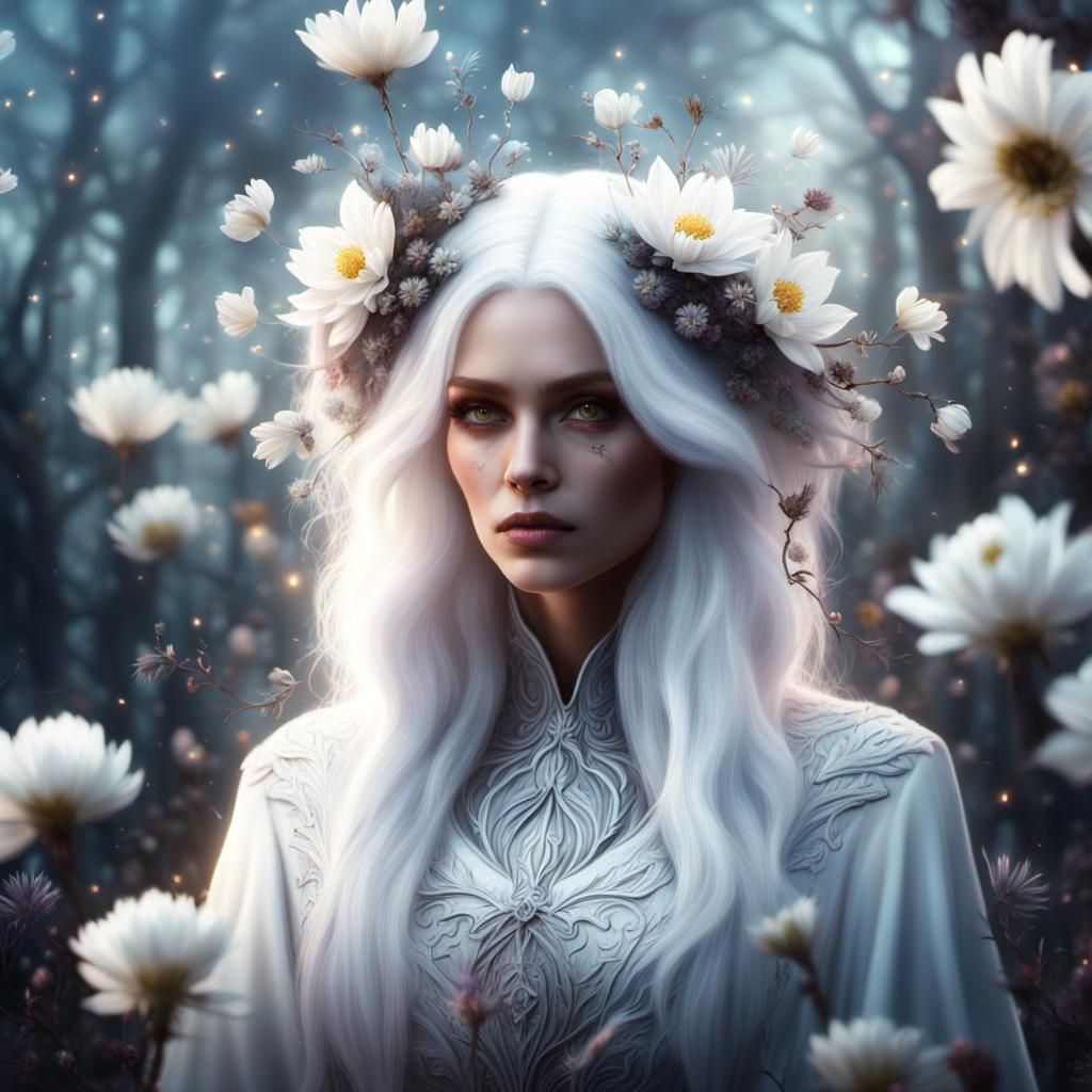 Woodland Witch Surrounded by Blooming Flowers