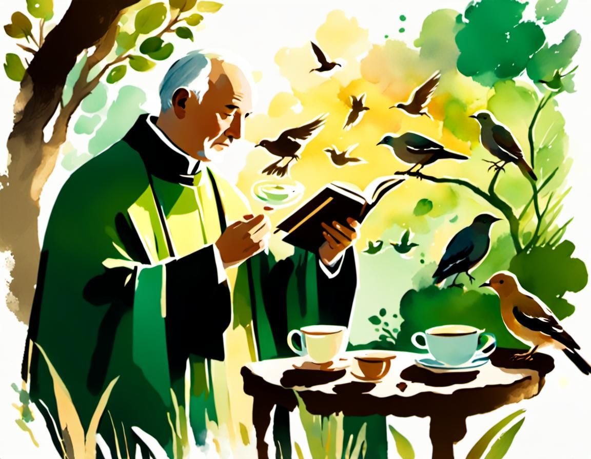 Priest Feeding Birds in Lush Garden Watercolor