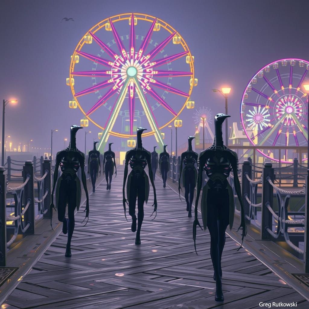 Eerie Glowing Tentacled Figures on Boardwalk