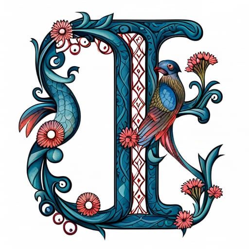 Ornate Medieval Initial Letter T with Flowers and Birds