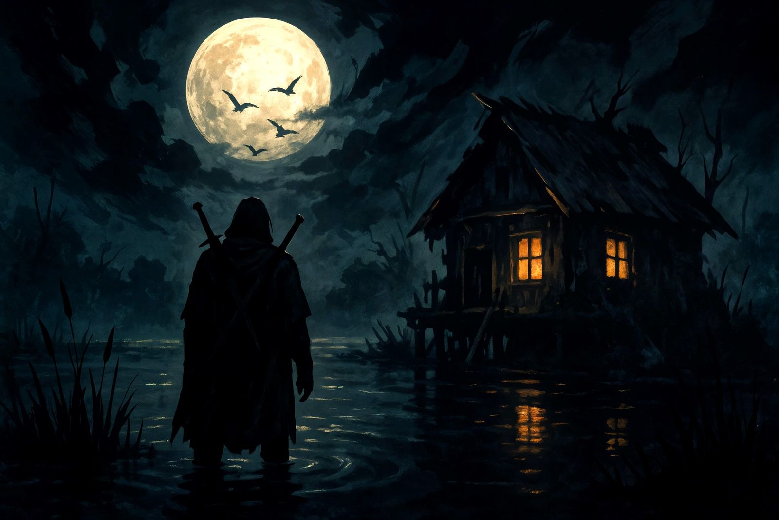 Moonlit Swamp Hut: A Stylized Digital Painting