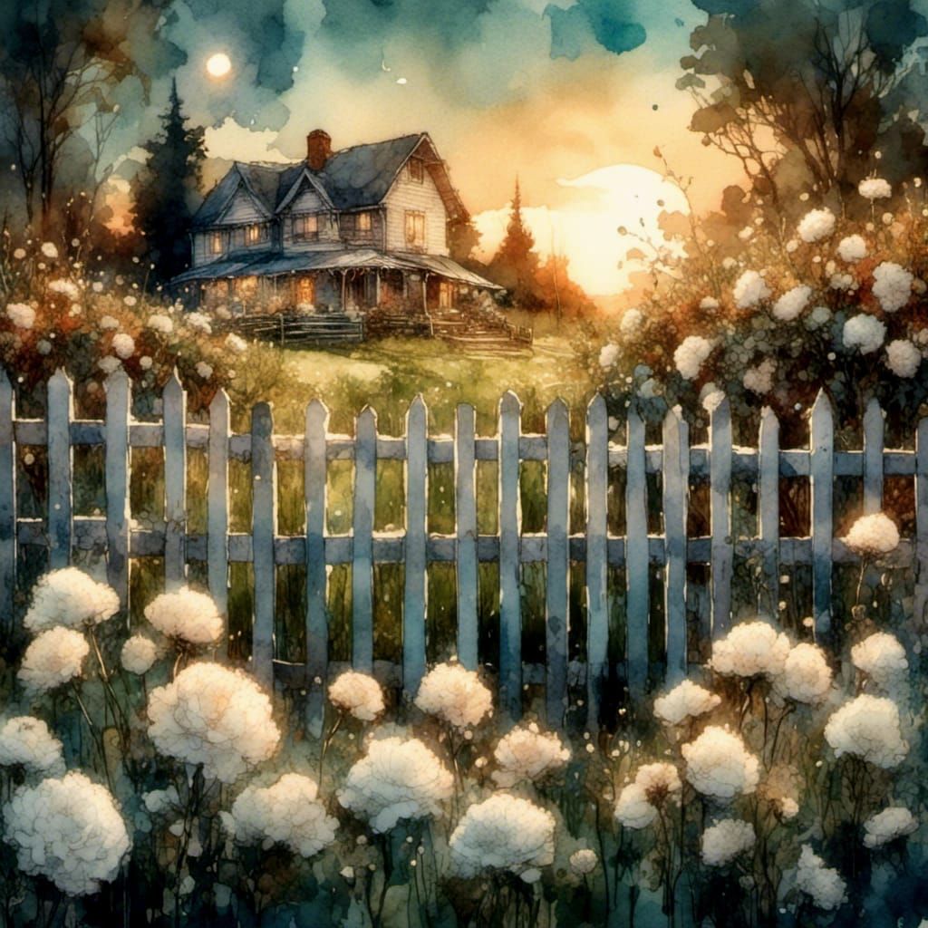 White Carnations at Twilight in Watercolor Style