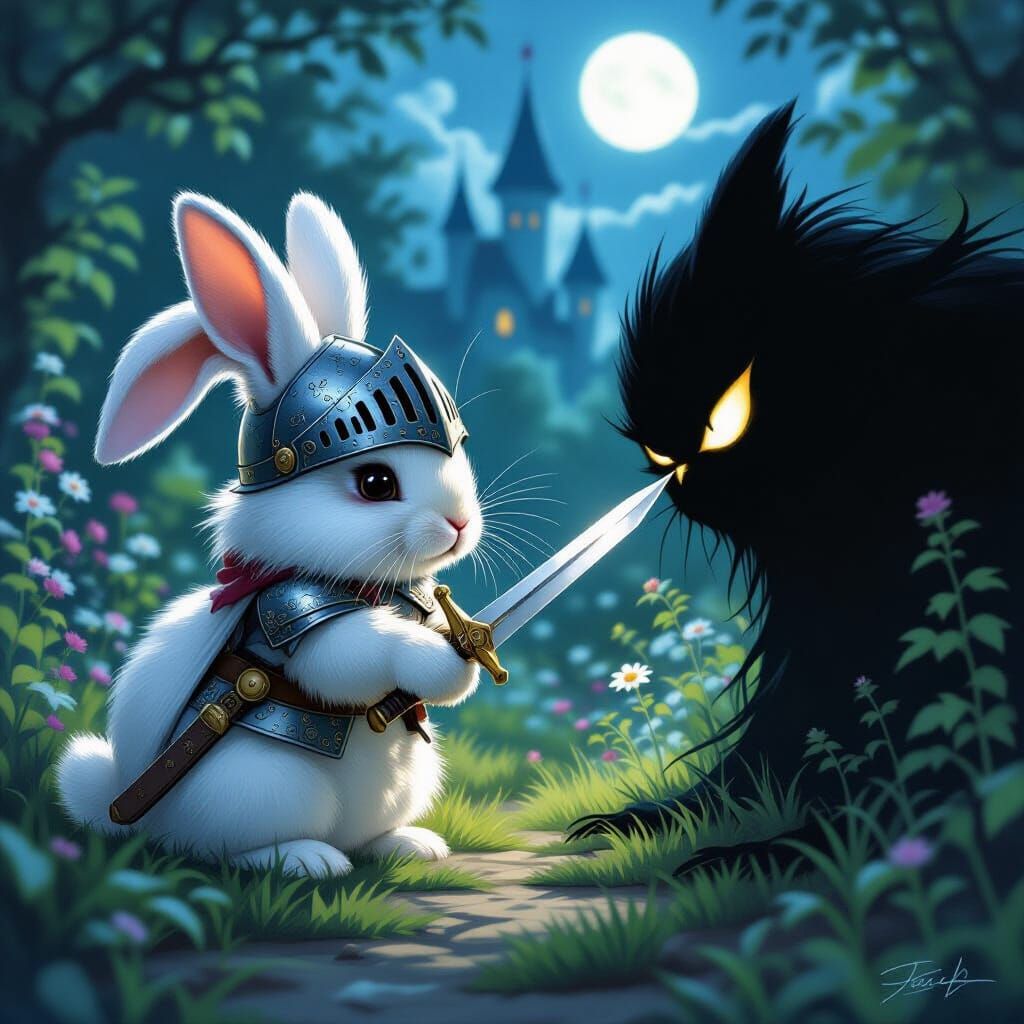 Brave Rabbit Knight Faces Menacing Shadow in Dreamlike Garde...