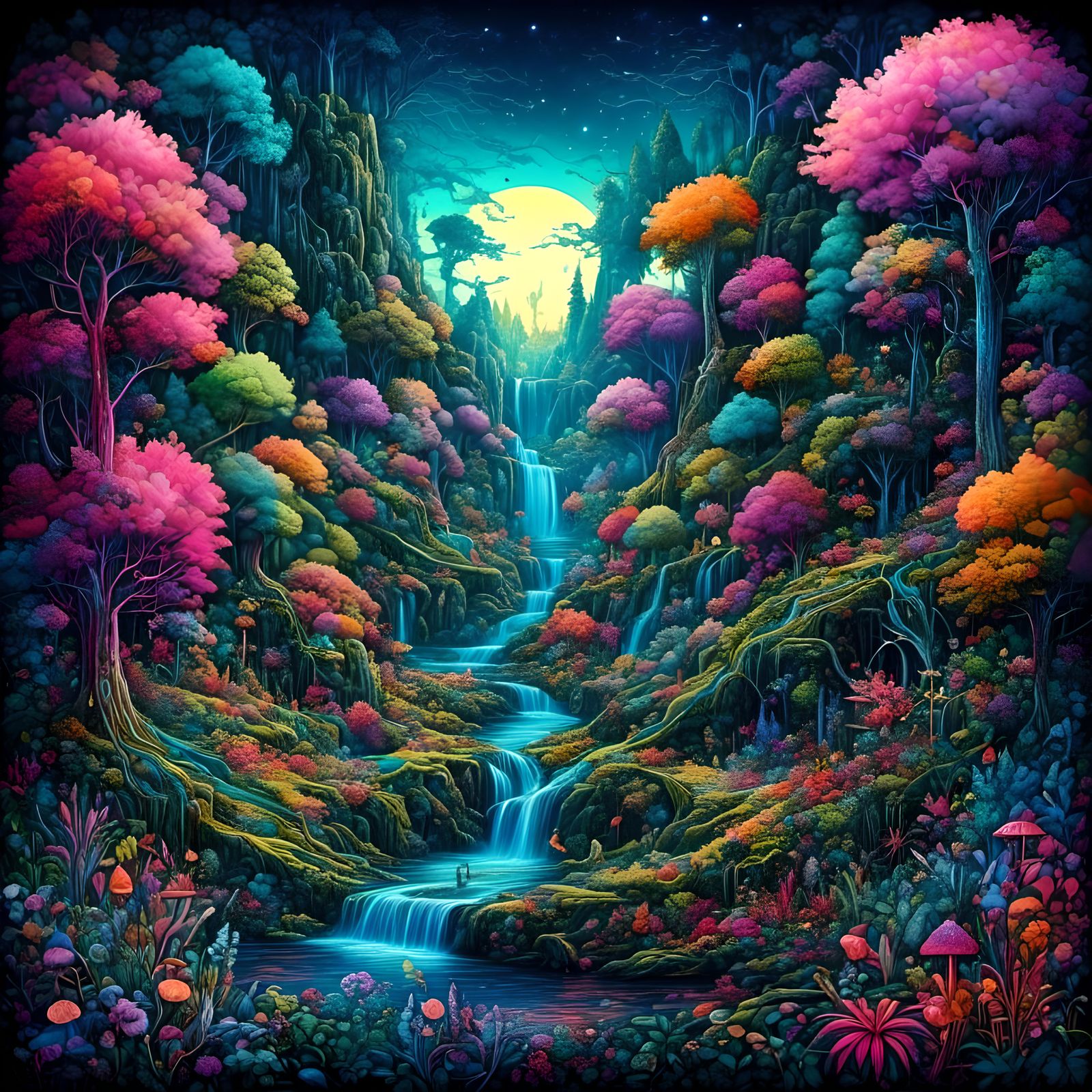 <lora:PaubhariXL:1.0> Fantastical faerie landscape in a neon black light fantasy setting