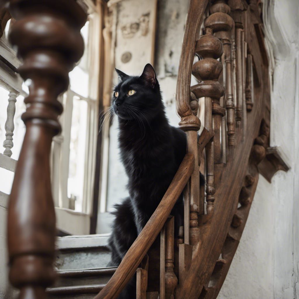 Black Cat on Spiral Stairs in Hyperrealistic Art Deco Style