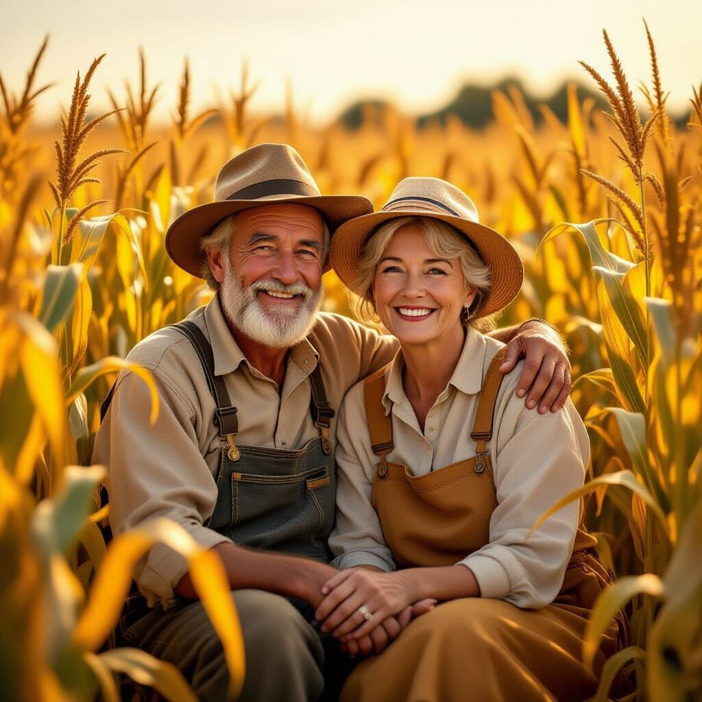 Joyful Old Couple in Sun-Drenched Cornfield: Ghibli-Style
