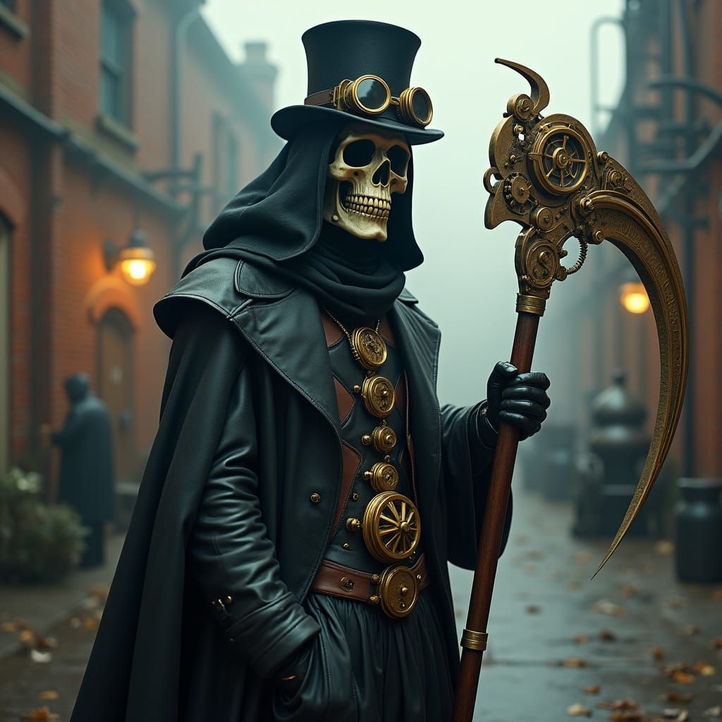 Steampunk Grim Reaper in Industrial Setting