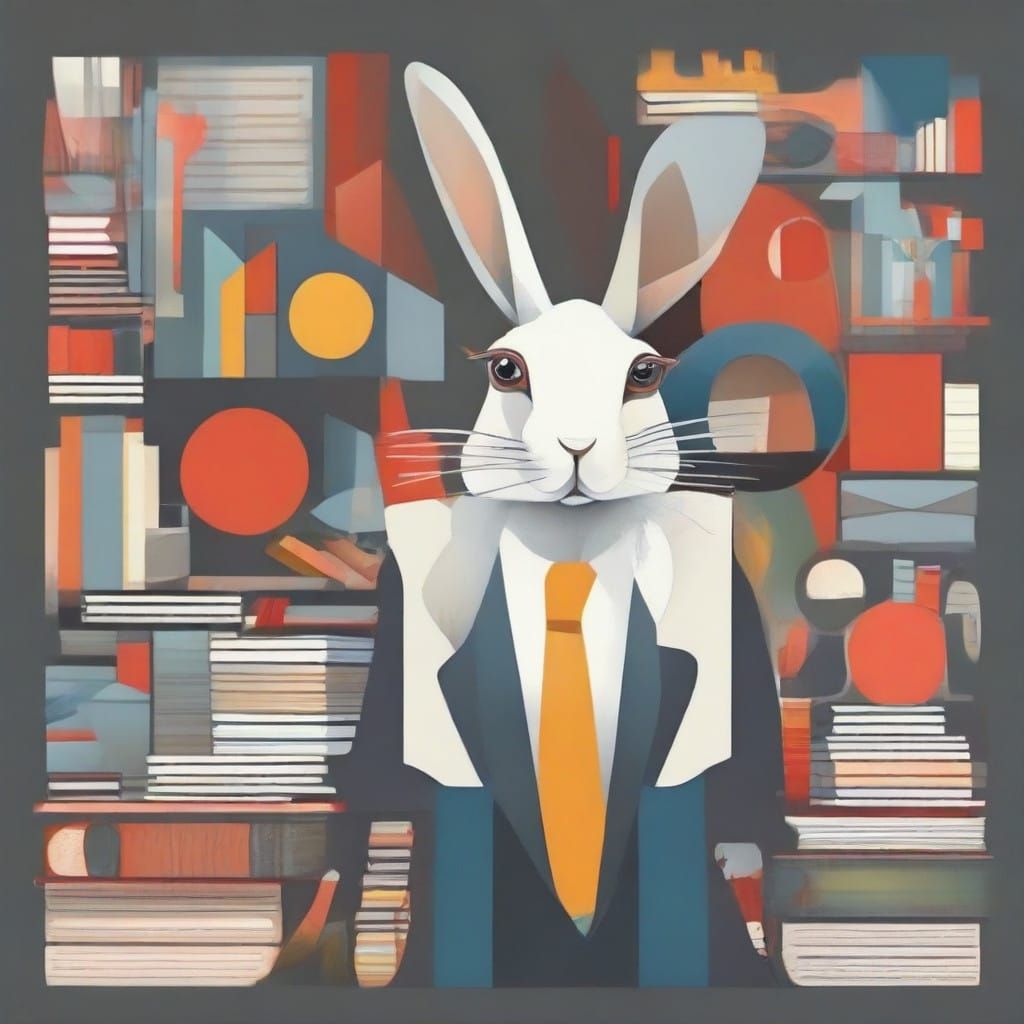 Cubo-Futurist Rabbit Lost in Thought Amidst Avant-Garde Chao...