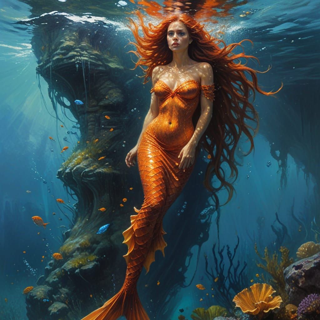 Annoyed Mermaid Underwater as Oil Painting