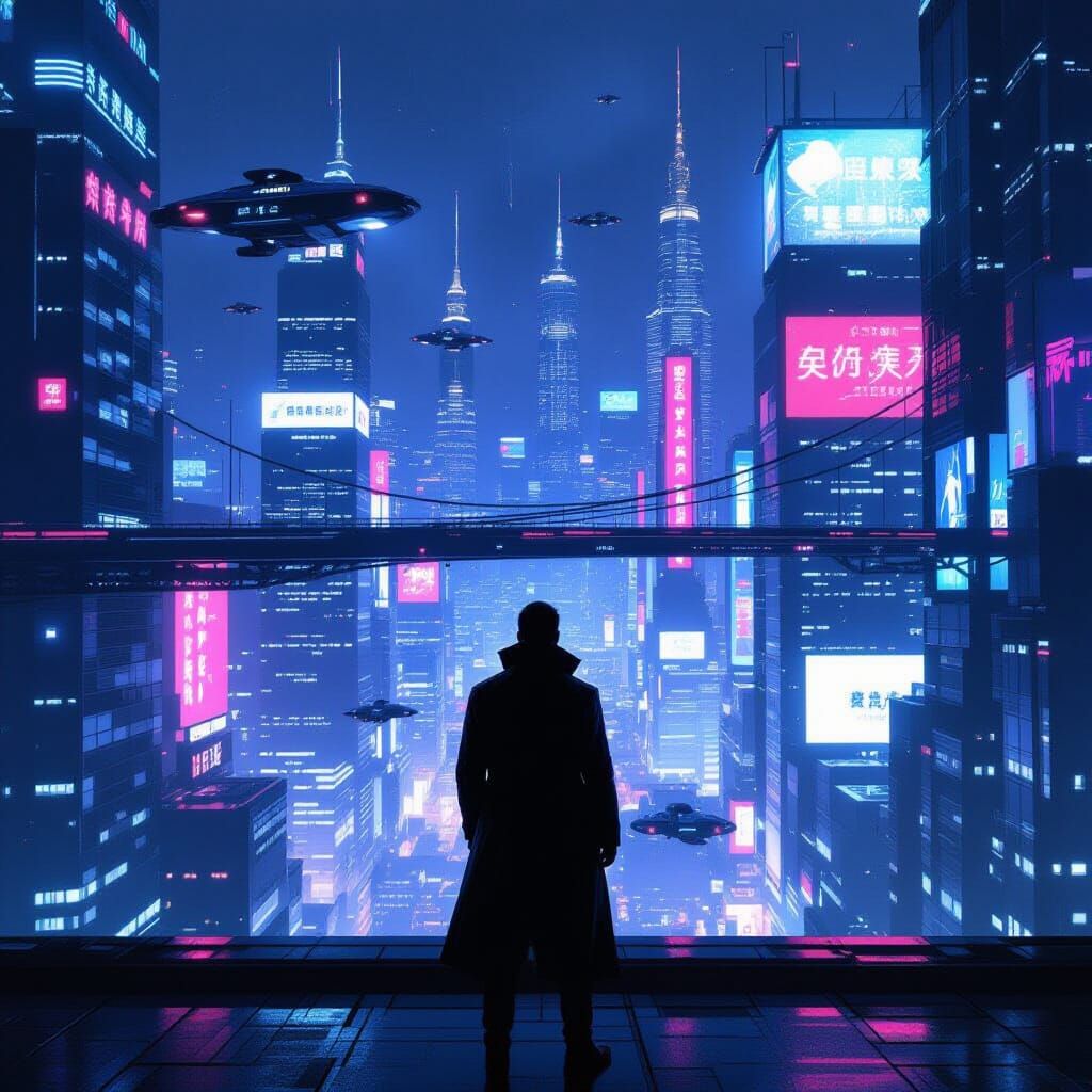 Futuristic Cityscape with Neon Lights in Cyberpunk Style