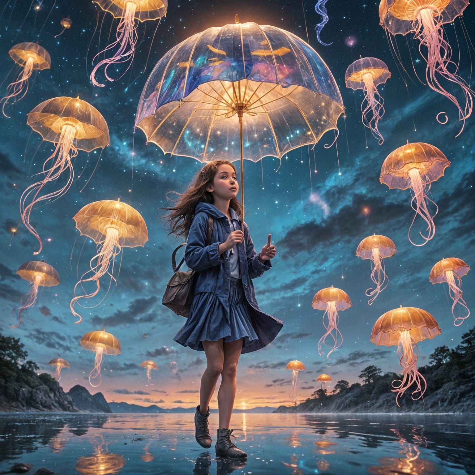 Twilight Girl with Bioluminescent Jellyfish Umbrella