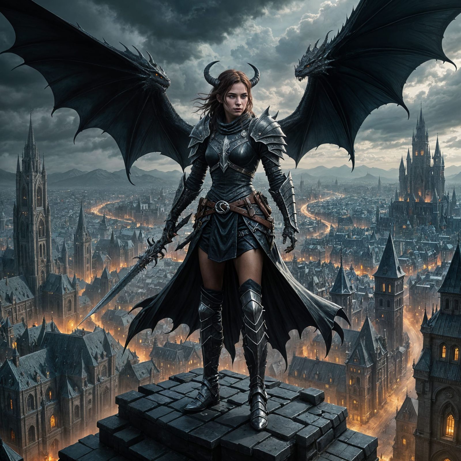 Ethereal Dragonborn Rogue Dominates Dark Fantasy Cityscape