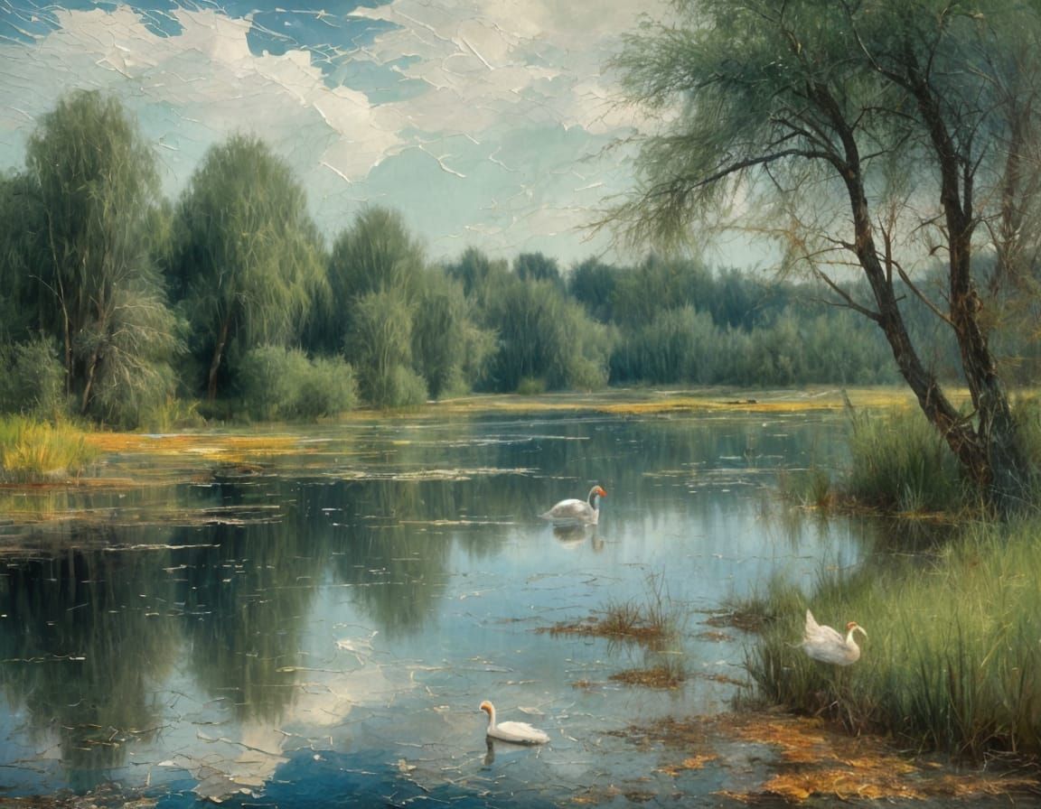 Serene Lakeside Swan Painting with Distressed Texture