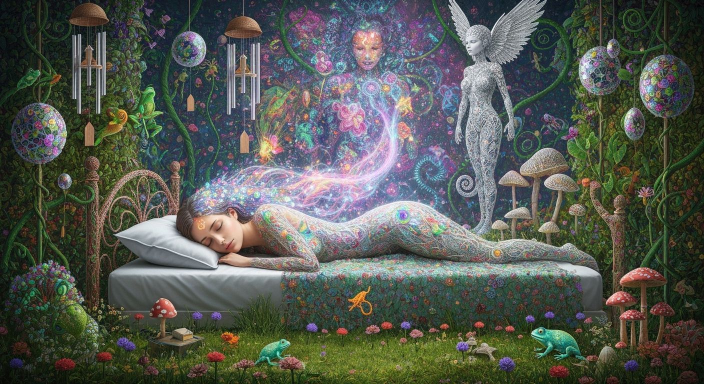 Serene Woman's Dream: Ethereal Aura and Kaleidoscopic Energy