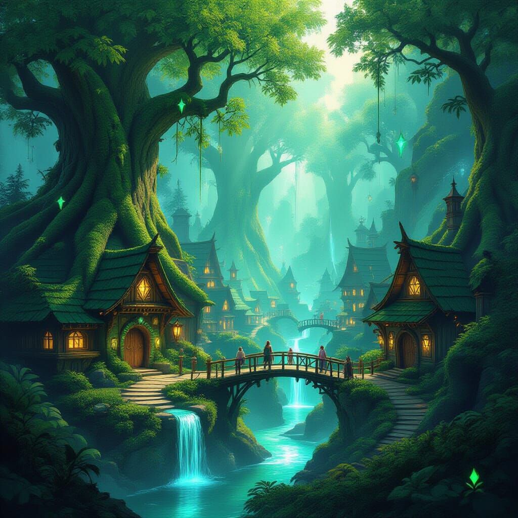 Mystical Elven Village in Lush Emerald Forest