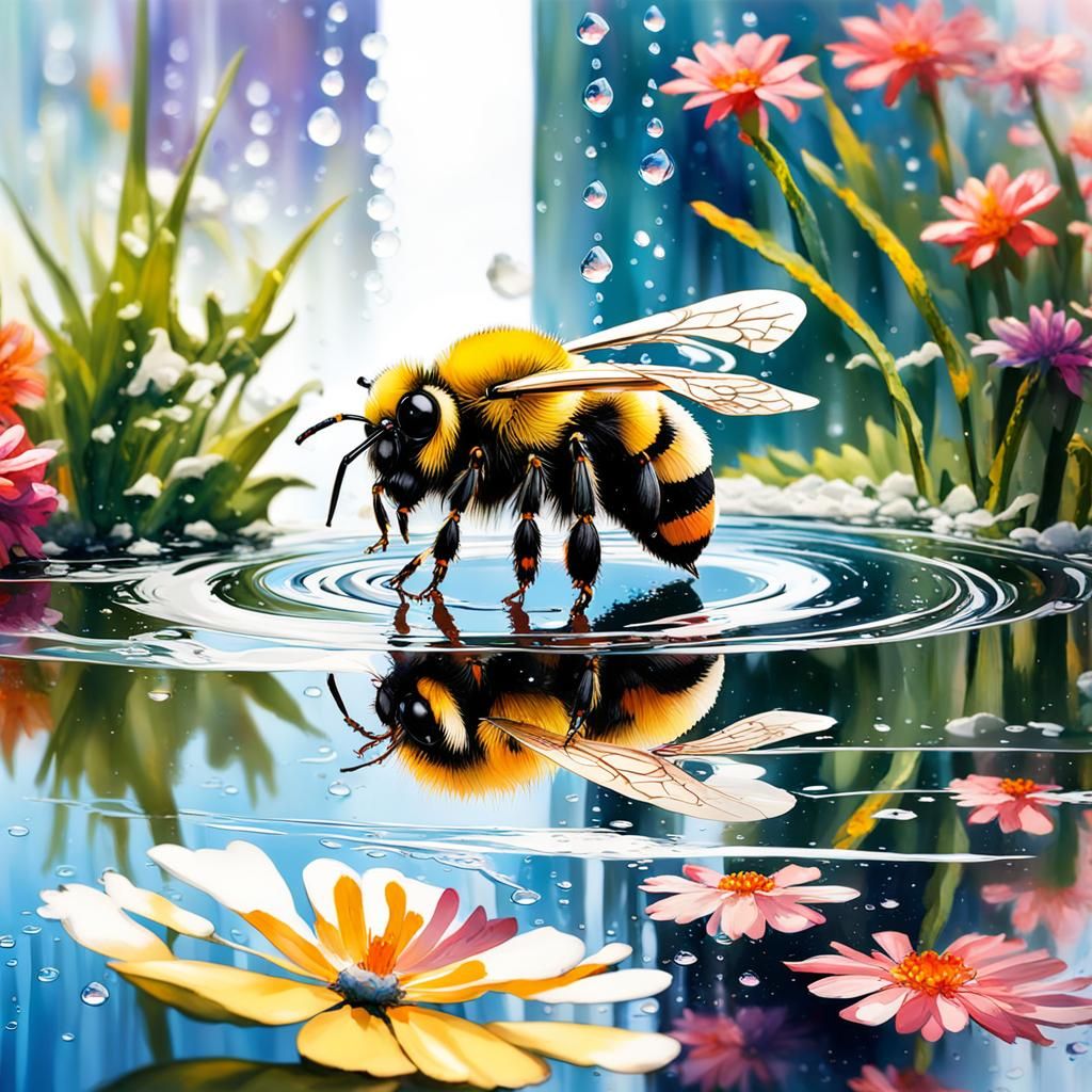 Bumblebee Water Reflection in Colorful Garden Art