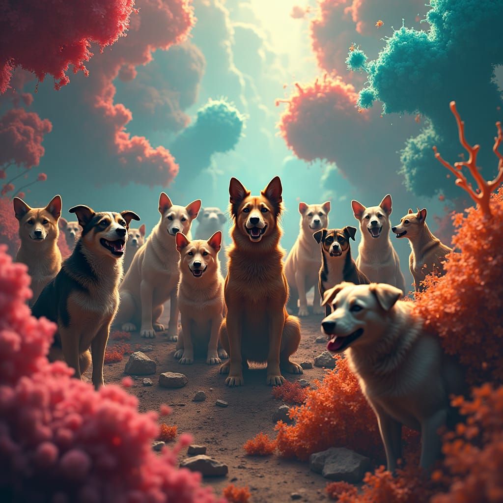 Fantastical Matte Painting of Dogs in Wonderland