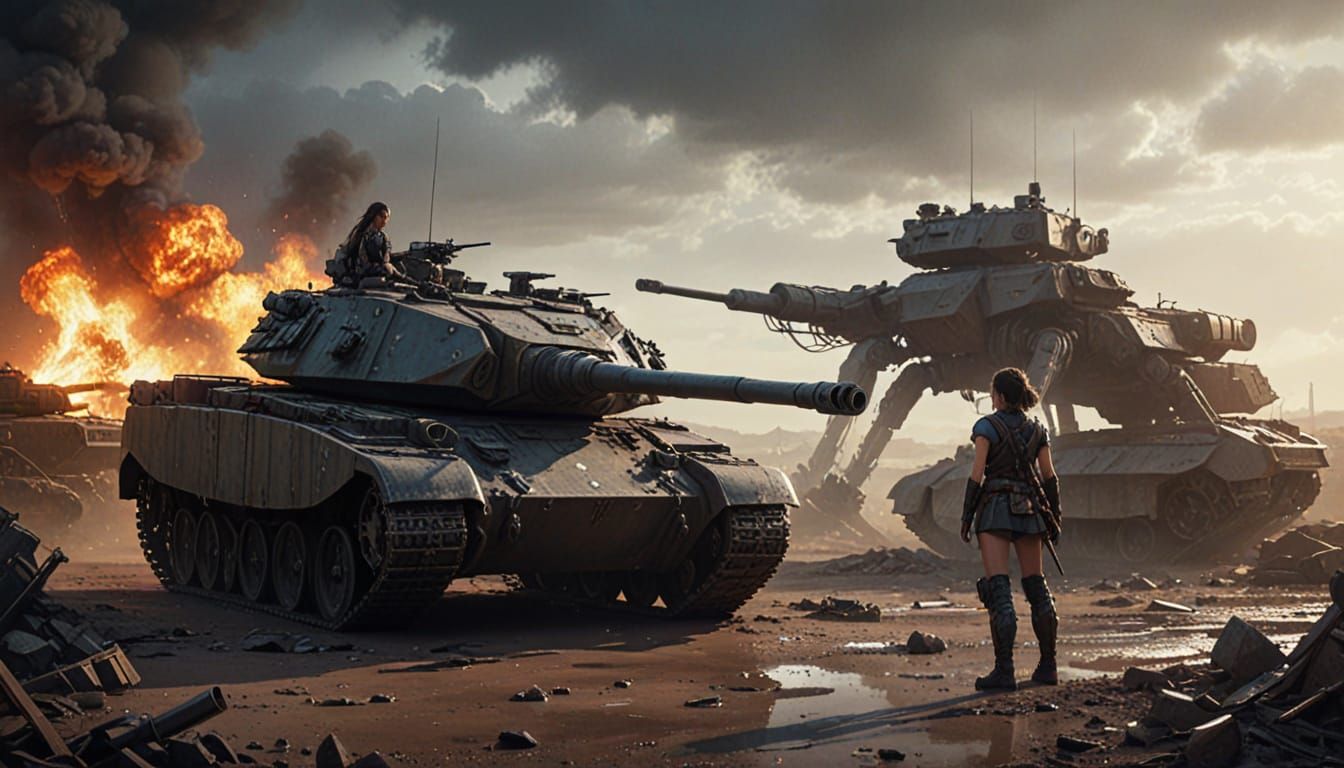 Girl Beside Tank in Gritty Battlefield Concept Art