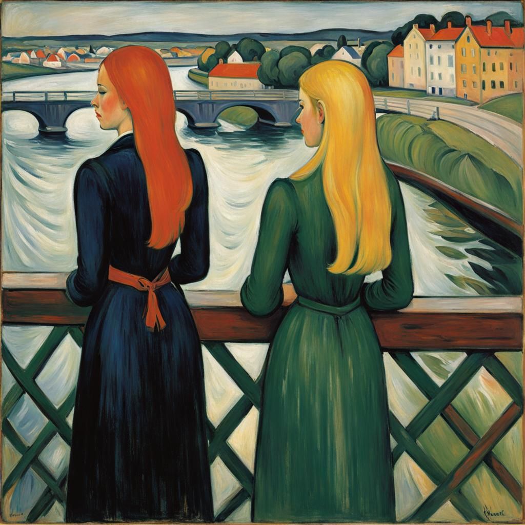 Expressionist Girls on a Bridge Artwork