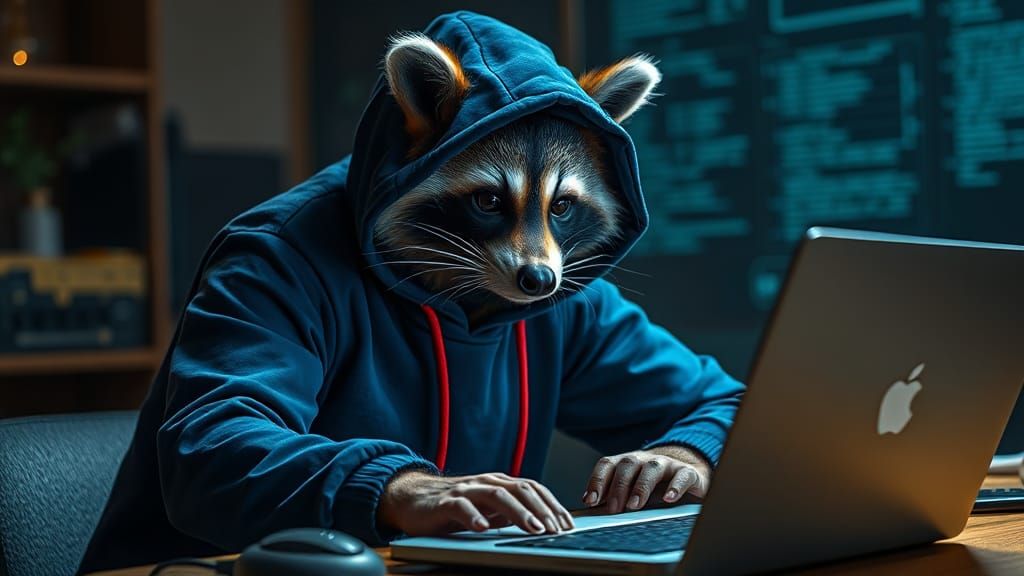 Hyperrealistic Raccoon Hacker in Blue Hoodie
