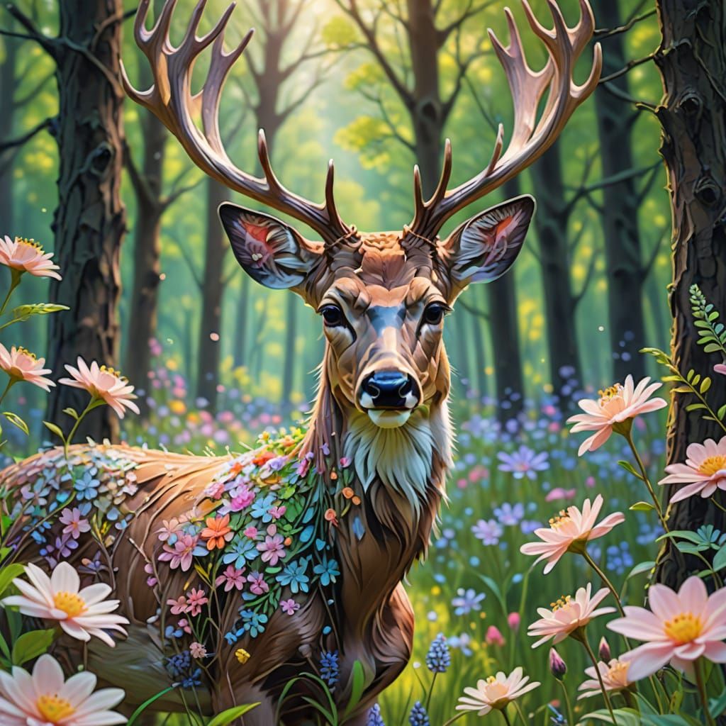 Floral Deer in Forest: Impressionistic Digital Art