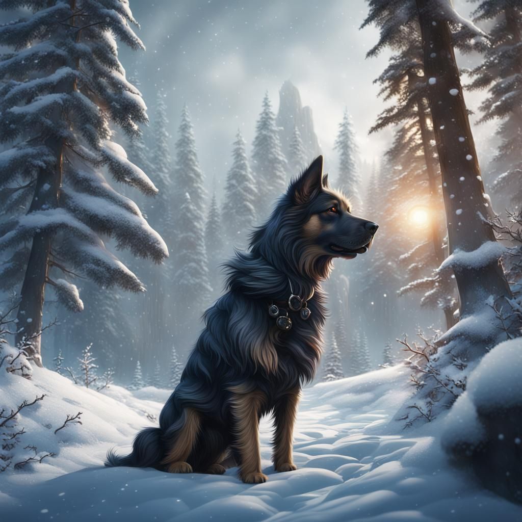 Dog in Snowy Forest: Detailed Matte Painting
