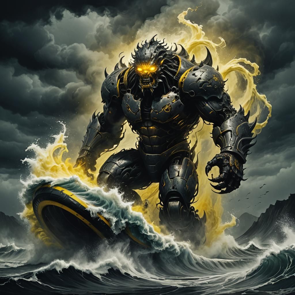 Iron Monster Rides Wave in Dark Fantasy Illustration